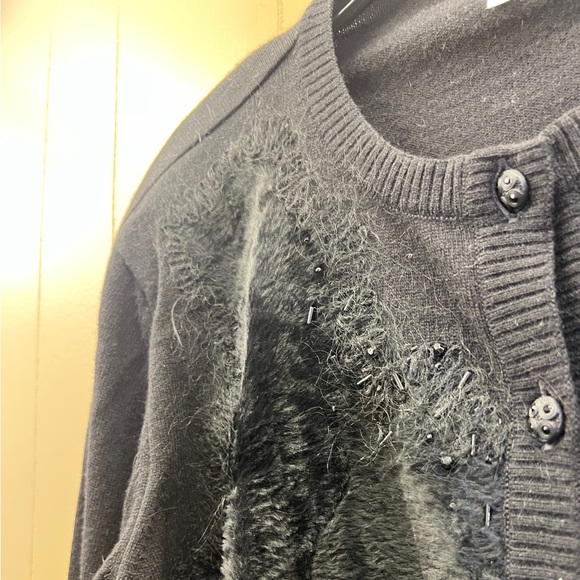 Escada Beaded Fur Wool Blend Cardigan Sweater Size Large Solid Black - Picture 2 of 8